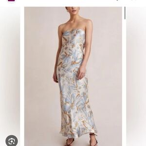 bec + bridge Strapless Dress in Blue and Gold Floral